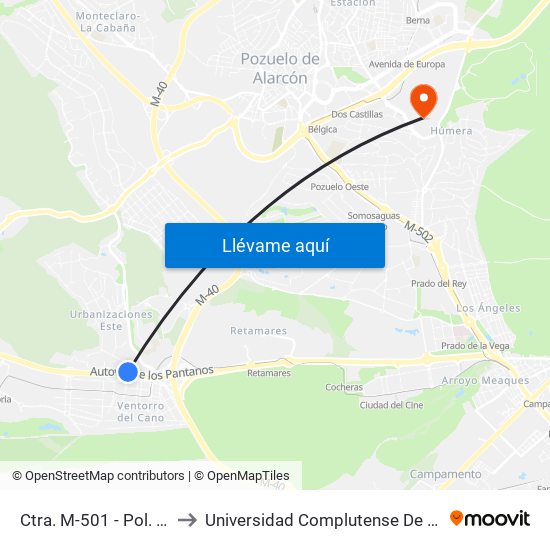 Ctra. M-501 - Pol. Ind. Ventorro Del Cano to Universidad Complutense De Madrid (Campus De Somosaguas) map