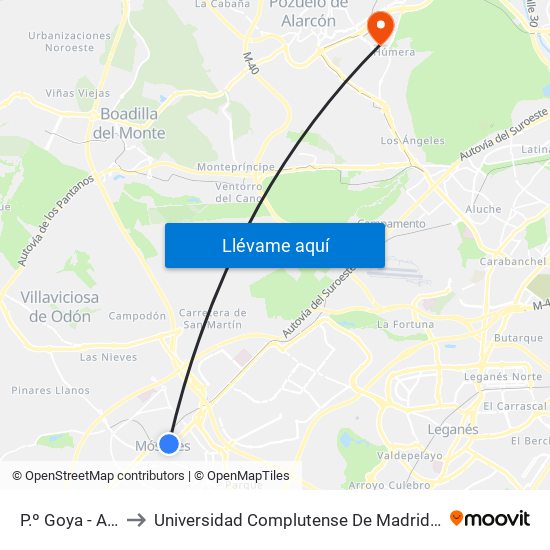 P.º Goya - Av. Portugal to Universidad Complutense De Madrid (Campus De Somosaguas) map