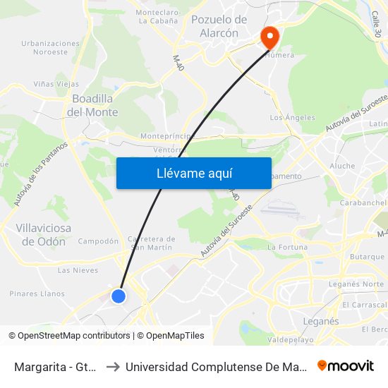 Margarita - Gta. Los Jazmines to Universidad Complutense De Madrid (Campus De Somosaguas) map