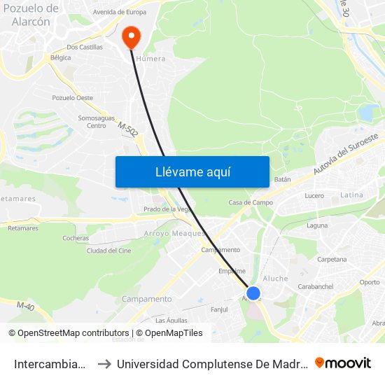 Intercambiador De Aluche to Universidad Complutense De Madrid (Campus De Somosaguas) map