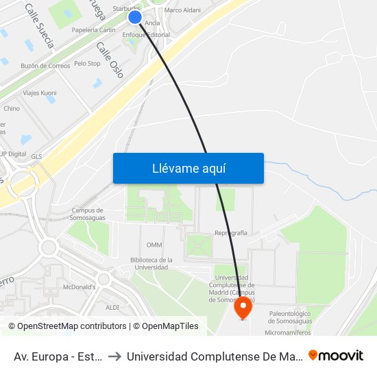 Av. Europa - Est. Avenida Europa to Universidad Complutense De Madrid (Campus De Somosaguas) map