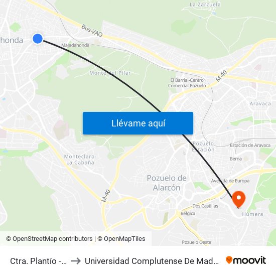 Ctra. Plantío - Novotiendas to Universidad Complutense De Madrid (Campus De Somosaguas) map