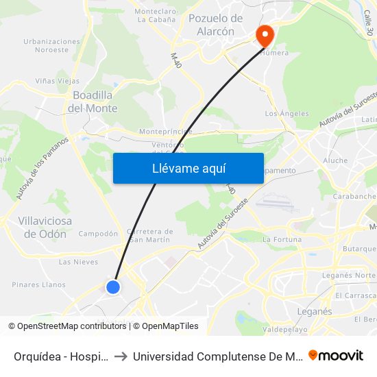 Orquídea - Hospital Rey Juan Carlos to Universidad Complutense De Madrid (Campus De Somosaguas) map