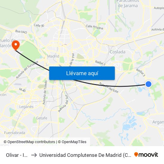 Olivar - Instituto to Universidad Complutense De Madrid (Campus De Somosaguas) map