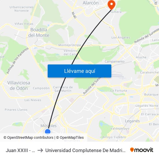 Juan XXIII - Residencia to Universidad Complutense De Madrid (Campus De Somosaguas) map