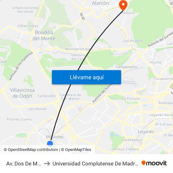 Av. Dos De Mayo - Huesca to Universidad Complutense De Madrid (Campus De Somosaguas) map