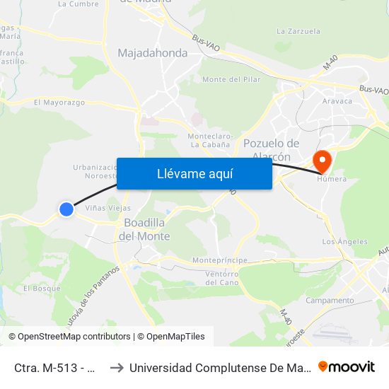 Ctra. M-513 - Monte Romanillos to Universidad Complutense De Madrid (Campus De Somosaguas) map