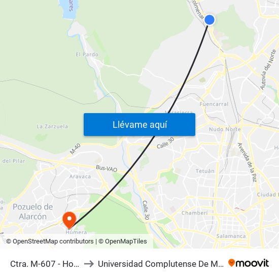 Ctra. M-607 - Hospital Cantoblanco to Universidad Complutense De Madrid (Campus De Somosaguas) map