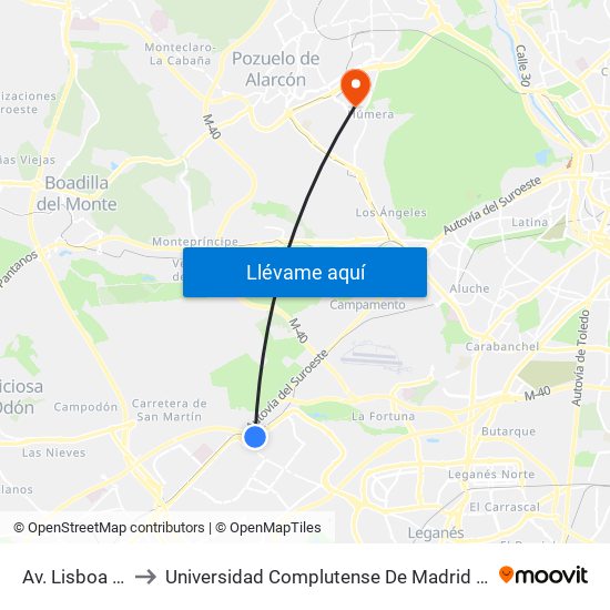 Av. Lisboa - Piscinas to Universidad Complutense De Madrid (Campus De Somosaguas) map