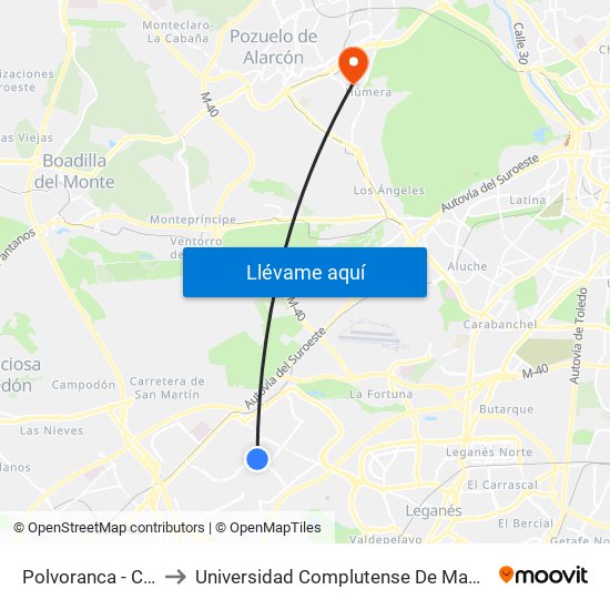 Polvoranca - Centro De Salud to Universidad Complutense De Madrid (Campus De Somosaguas) map
