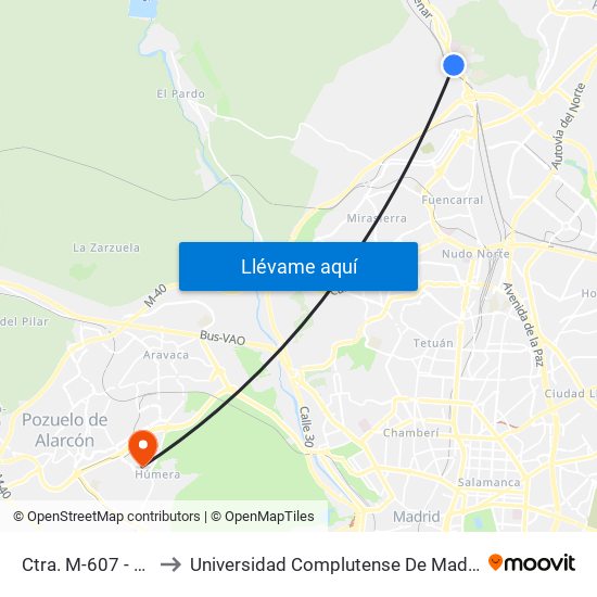 Ctra. M-607 - Ciudad Escolar to Universidad Complutense De Madrid (Campus De Somosaguas) map