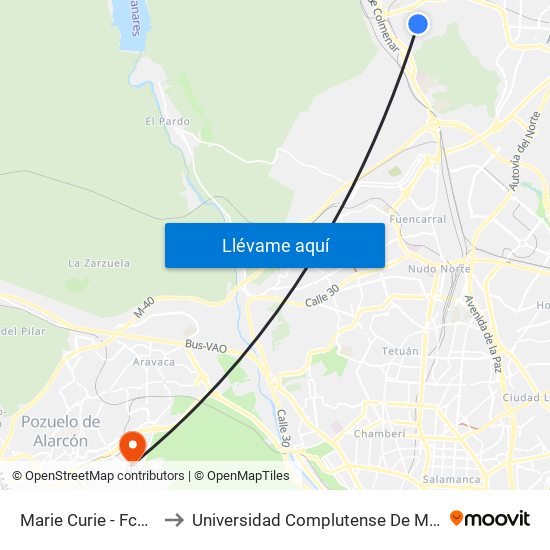 Marie Curie - Fco. Tomás Y Valiente to Universidad Complutense De Madrid (Campus De Somosaguas) map