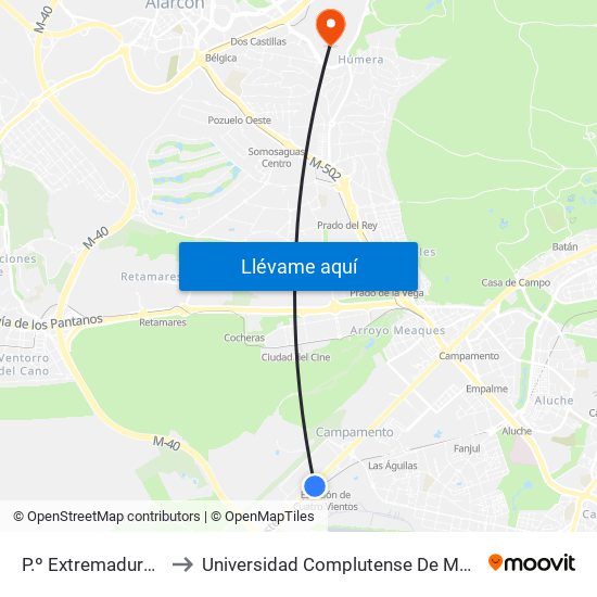 P.º Extremadura - Cuatro Vientos to Universidad Complutense De Madrid (Campus De Somosaguas) map