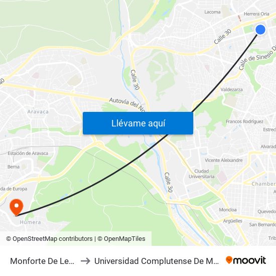 Monforte De Lemos - La Vaguada to Universidad Complutense De Madrid (Campus De Somosaguas) map