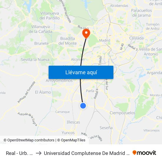 Real - Urb. Los Pinos to Universidad Complutense De Madrid (Campus De Somosaguas) map
