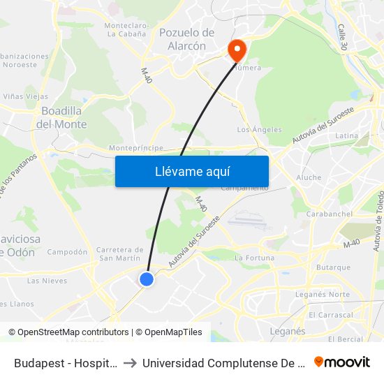 Budapest - Hospital Fundación Alcorcón to Universidad Complutense De Madrid (Campus De Somosaguas) map