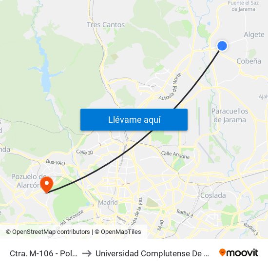 Ctra. M-106 - Pol. Ind. Río De Janeiro to Universidad Complutense De Madrid (Campus De Somosaguas) map