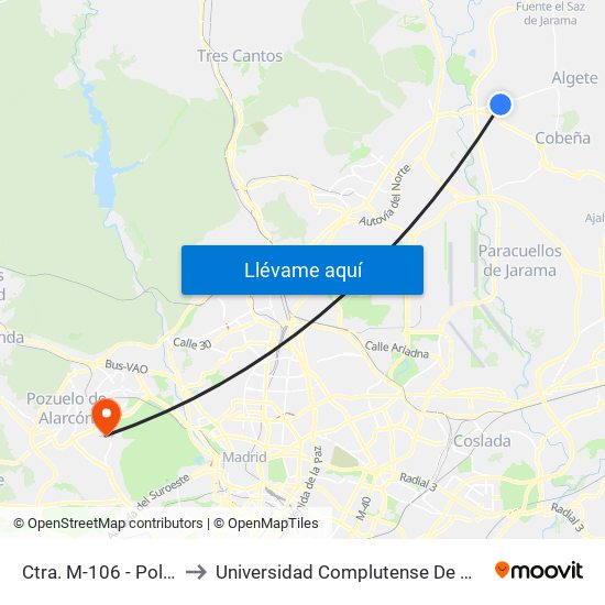 Ctra. M-106 - Pol. Ind. Río De Janeiro to Universidad Complutense De Madrid (Campus De Somosaguas) map