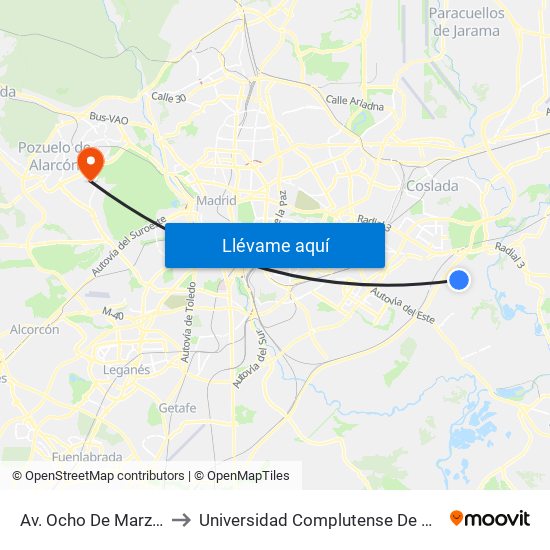 Av. Ocho De Marzo - Ciudad Educativa to Universidad Complutense De Madrid (Campus De Somosaguas) map