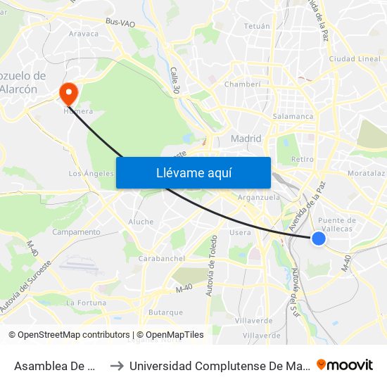 Asamblea De Madrid - Entrevías to Universidad Complutense De Madrid (Campus De Somosaguas) map