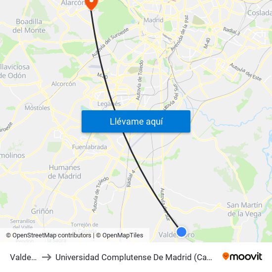 Valdemoro to Universidad Complutense De Madrid (Campus De Somosaguas) map