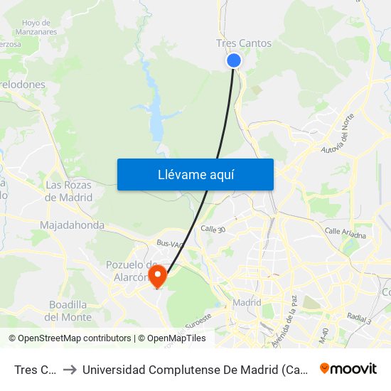 Tres Cantos to Universidad Complutense De Madrid (Campus De Somosaguas) map