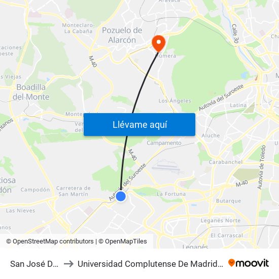 San José De Valderas to Universidad Complutense De Madrid (Campus De Somosaguas) map