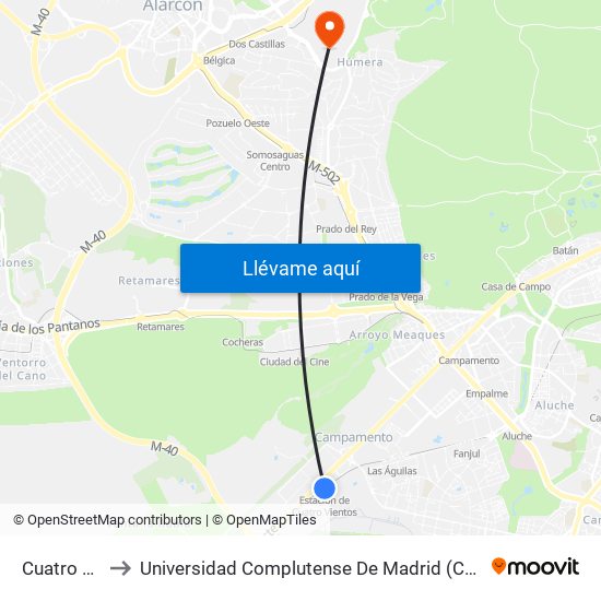 Cuatro Vientos to Universidad Complutense De Madrid (Campus De Somosaguas) map