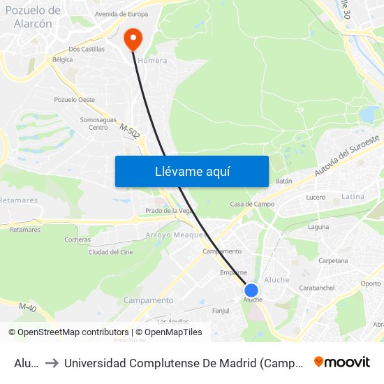 Aluche to Universidad Complutense De Madrid (Campus De Somosaguas) map