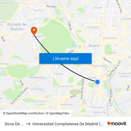 Doce De Octubre to Universidad Complutense De Madrid (Campus De Somosaguas) map