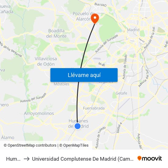 Humanes to Universidad Complutense De Madrid (Campus De Somosaguas) map