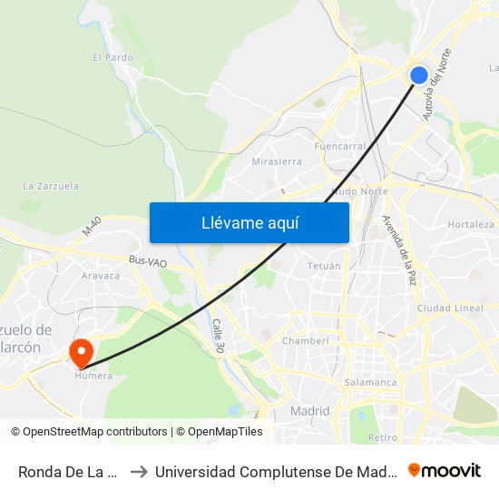 Ronda De La Comunicación to Universidad Complutense De Madrid (Campus De Somosaguas) map