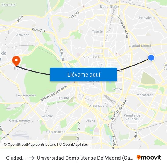 Ciudad Lineal to Universidad Complutense De Madrid (Campus De Somosaguas) map