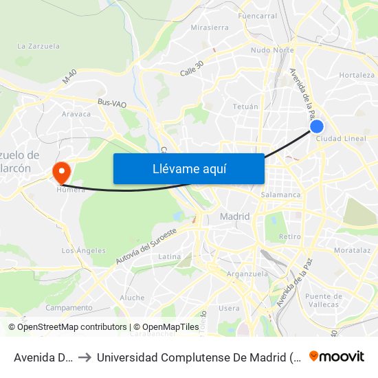 Avenida De La Paz to Universidad Complutense De Madrid (Campus De Somosaguas) map