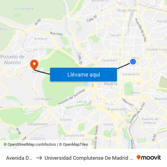 Avenida De América to Universidad Complutense De Madrid (Campus De Somosaguas) map