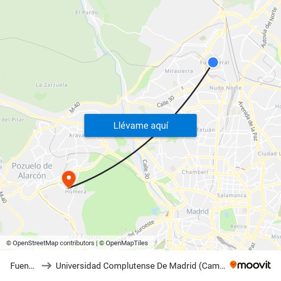 Fuencarral to Universidad Complutense De Madrid (Campus De Somosaguas) map