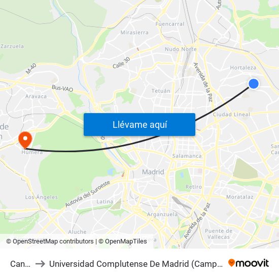 Canillas to Universidad Complutense De Madrid (Campus De Somosaguas) map