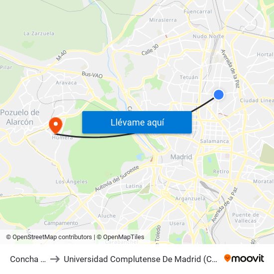 Concha Espina to Universidad Complutense De Madrid (Campus De Somosaguas) map