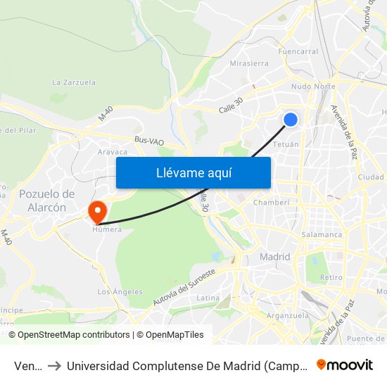 Ventilla to Universidad Complutense De Madrid (Campus De Somosaguas) map
