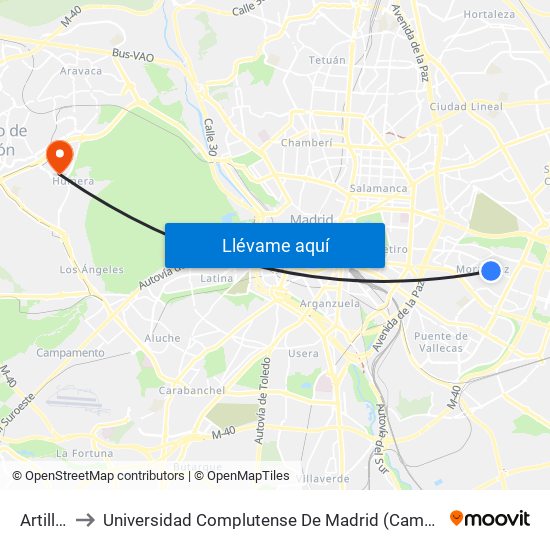 Artilleros to Universidad Complutense De Madrid (Campus De Somosaguas) map