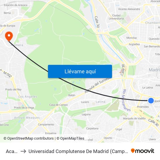 Acacias to Universidad Complutense De Madrid (Campus De Somosaguas) map