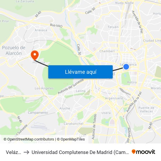 Velázquez to Universidad Complutense De Madrid (Campus De Somosaguas) map