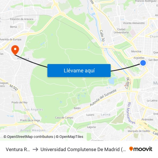 Ventura Rodríguez to Universidad Complutense De Madrid (Campus De Somosaguas) map