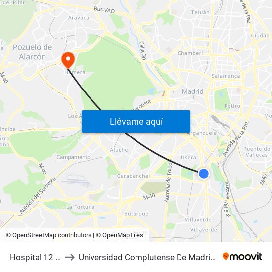 Hospital 12 De Octubre to Universidad Complutense De Madrid (Campus De Somosaguas) map