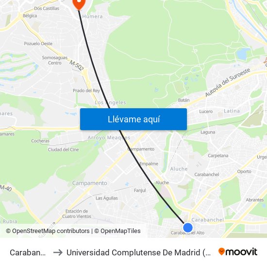 Carabanchel Alto to Universidad Complutense De Madrid (Campus De Somosaguas) map