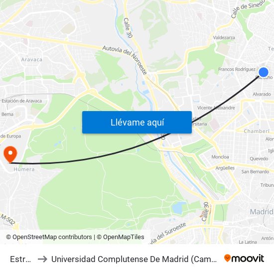 Estrecho to Universidad Complutense De Madrid (Campus De Somosaguas) map