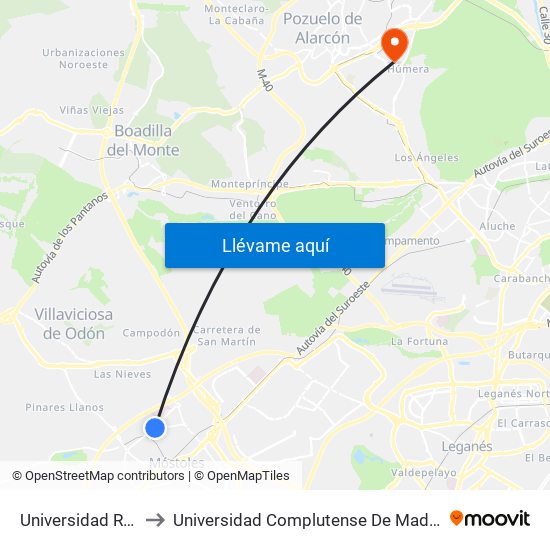 Universidad Rey Juan Carlos to Universidad Complutense De Madrid (Campus De Somosaguas) map