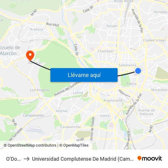 O'Donnell to Universidad Complutense De Madrid (Campus De Somosaguas) map