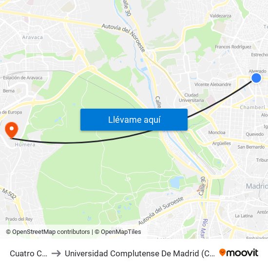 Cuatro Caminos to Universidad Complutense De Madrid (Campus De Somosaguas) map