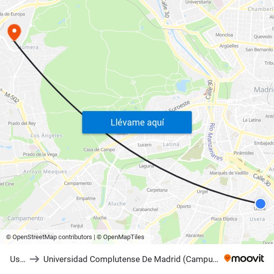 Usera to Universidad Complutense De Madrid (Campus De Somosaguas) map